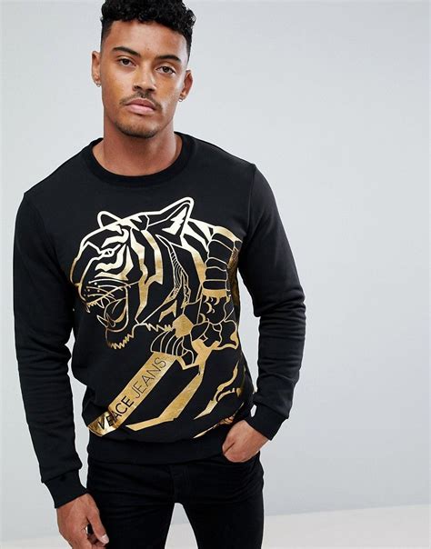 versace jeans sweatshirt in black with large foil tiger|Logo Hoodie Black,Gold .